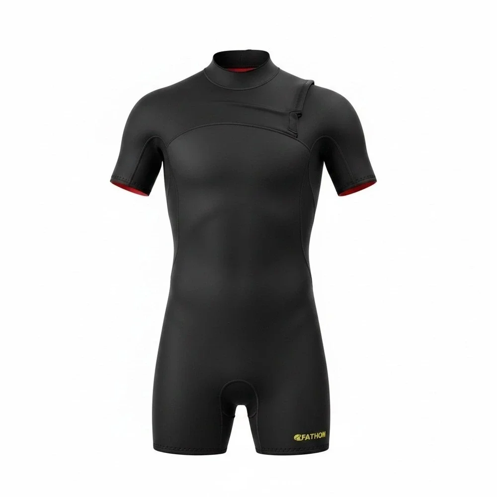 Fathom Seaflex Mens XL Shorty Wetsuit Black Red Neoprene Front‎ Zip Dive Suit